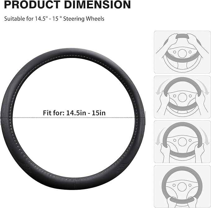 【2025 Model】 Premium Nappa Leather Car Steering Wheel Cover for Men Women, Non-Slip, Breathable, Universal 15 inches, Black