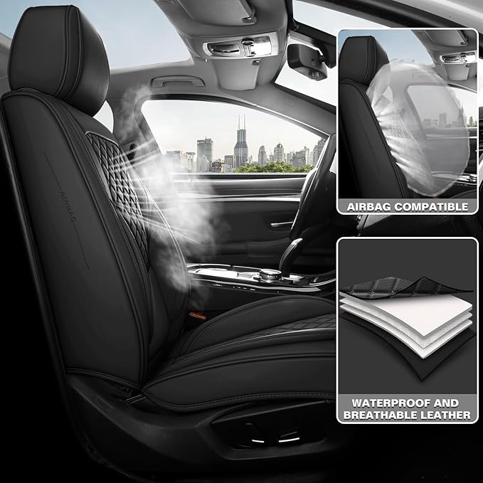 Premium Leather Car Seat Covers, Universal Fit for Cars SUVs Trucks and Sedans, Waterproof Car Seat Cushion with Airbag Compatible & Scratch-Resistant, Black Seat Covers for 5 Seats