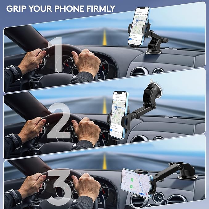 Car Phone Holder Mount, [Strong Suction Cup] [Military Grade Durable] for Windshield and Dashboard, Adjustable Long Arm Compatible with iPhone 16 15 14 Pro Max and All Smartphones,Black