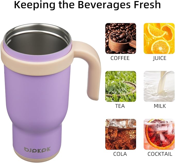 BJPKPK 18 OZ Insulated Travel Tumbler with Handle and Straw, Stainless Steel Water Bottle, Double Wall Vacuum Insulated Mug, for Work, Car, Travel, Purple
