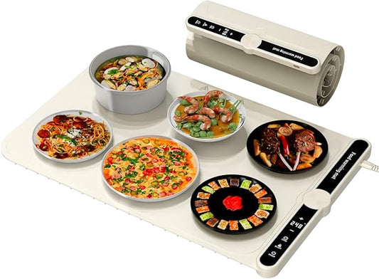 Smart Warming Mat for Food, Upgrade Waterproof Foldable Heating Mat, Food Warming Mat with 9 Level Adjustable Temperature and 6-Speed Timing, Easy to Clean Food Warmers for Buffet,Party,Thawin (Beige)