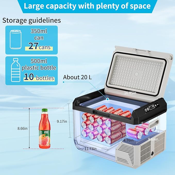 12V Car Refrigerator, 22QT Portable Freezer Compressor Cooler with Reversible Door, 100–240V AC / 12V / 24V DC Powered, for Truck Van RV Camper SUV Travel Camping Road Trips Tailgating,-4℉-50℉