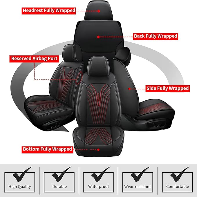 2 Front Car Seat Covers Fit for Nissan Frontier 2009-2024 2025 Ice Silk Leather Breathable Waterproof Automotive Seat Cushion Compatible Airbag (5 Seats&Red Line)