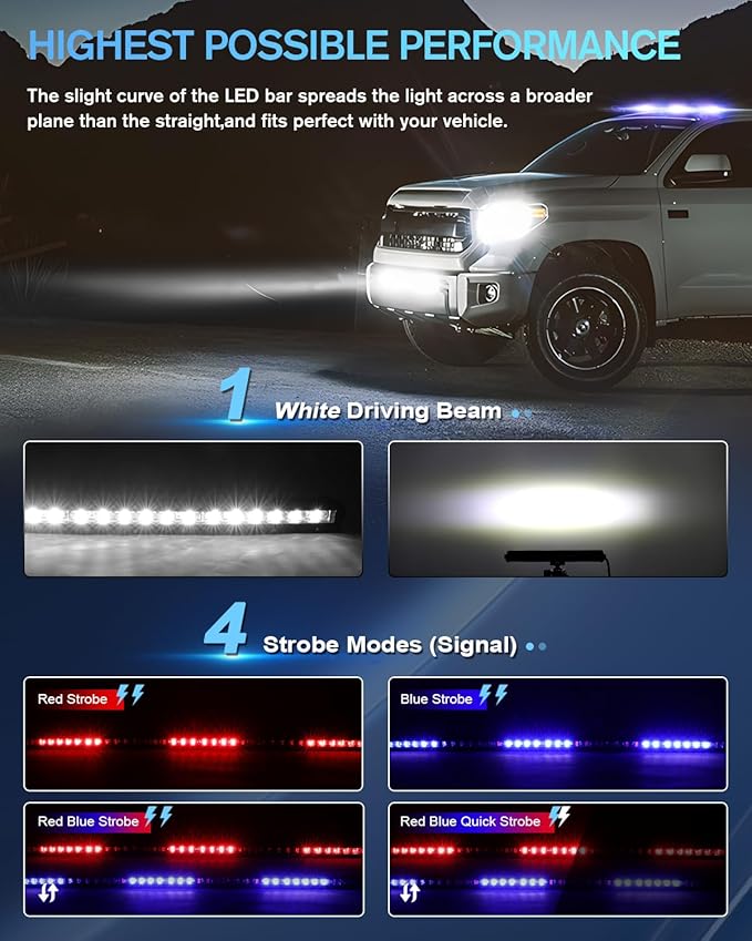 [Curved] [Red & Blue Strobe] 20 inch LED Light Bar Single Row White Flashing Light Police with Wiring Harness for Off-Road SUV UTV Car Truck