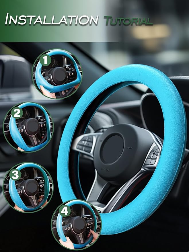 LRITER Car Steering Wheel Cover, Non-Slip Silicone Material, Multiple Color Choices, Universal Auto Parts Steering Wheel Cover, Suitable for Most Cars (Light Blue)