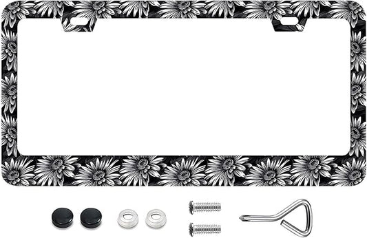 Sunflower Pattern Design on Dark Background License Plate Frames Rust-Proof Stainless Steel Screws Fasteners Included Personalized Cover for Women and Men 12.3x6.3 Inch License Plate Holder -DATANSEN
