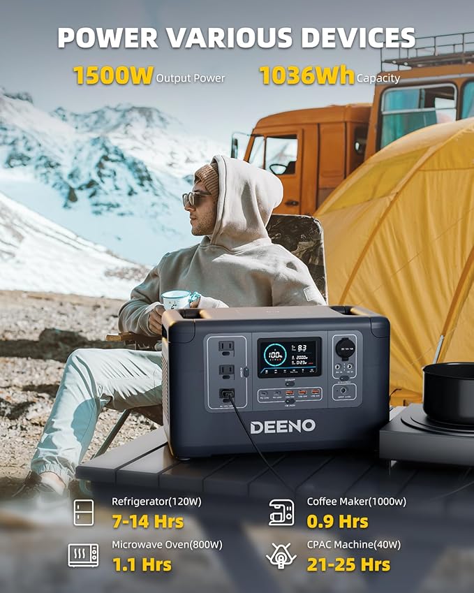 Portable Power Station, 1036Wh LiFePO4 Battery, 1500W Continuous Power, Solar Generator for Emergency Backup, Home, Camping, RVs, and Off-Grid Use – Fast Charging & Multi-Device Support DEENO X1500