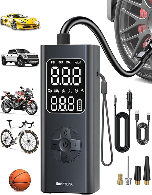 Car Tire Air Pump Portable Air Compressor, 150 PSI Cordless Tire Inflator Battery for Inflating/Charging with 12V DC Cord, Digital Gauge, Led Light for Car, Motorcycle, Bike, Balls and More (Black)