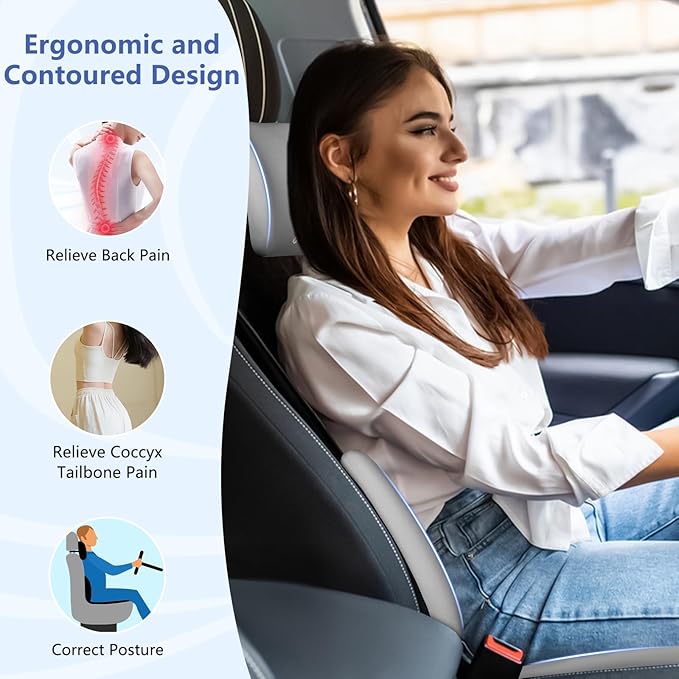 Car Seat Cushion with Neck Pillow & Lumbar Support Kit Back Sciatica Tailbone Pain Relief Car Pillows Ergonomic Memory Foam Back Support for Driving Seat Office Chair Wheelchair Grey