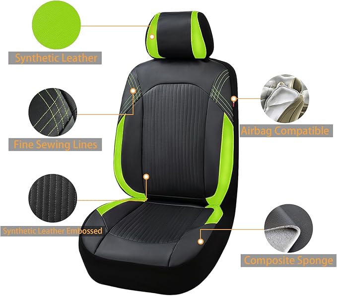 Flying Banner Synthetic Leather car seat Covers Full Set Front and Rear Bench Fashion Easy Installation Cup Holder Free (Black & Green, Low Bucket - Full Set)
