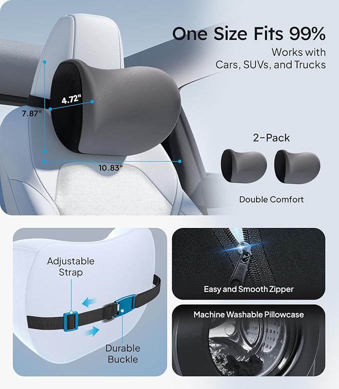 Wigoo 2025 Upgrade Car Neck Pillow [No More Pressure, Odorless] Soft Car Headrest Pillow with Adjustable Strap Removable Cover 100% Memory Foam, Fits All Vehicles (Gray 2-Pack)