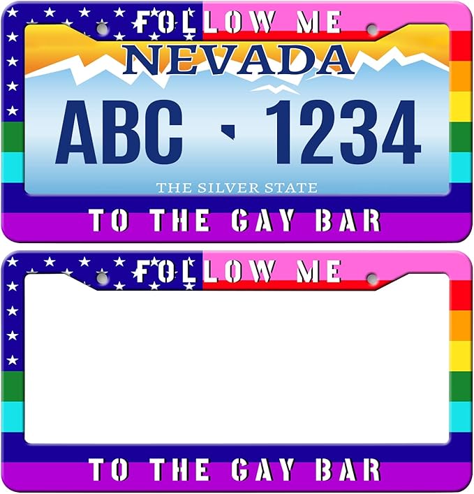 MIOAOSRT Follow Me to The Gay Bar License Plate Frame Gay Pride Flag LGBT License Plate Cover Car Tag Holder Metal License Plate Frame Fits Standard U.S.Vehicles 12x6 Inch