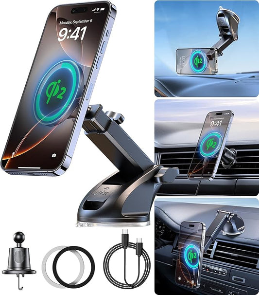 【Qi2 Certified・90LBS Vacuum Magnetic Suction】15W Fast Wireless Car Charger Mount for Magsafe, 360° Adjustable Arm, Dashboard/Windshield/Vent Phone Holder+Cable Organaizer for iPhone 16/15/14 Pro Max