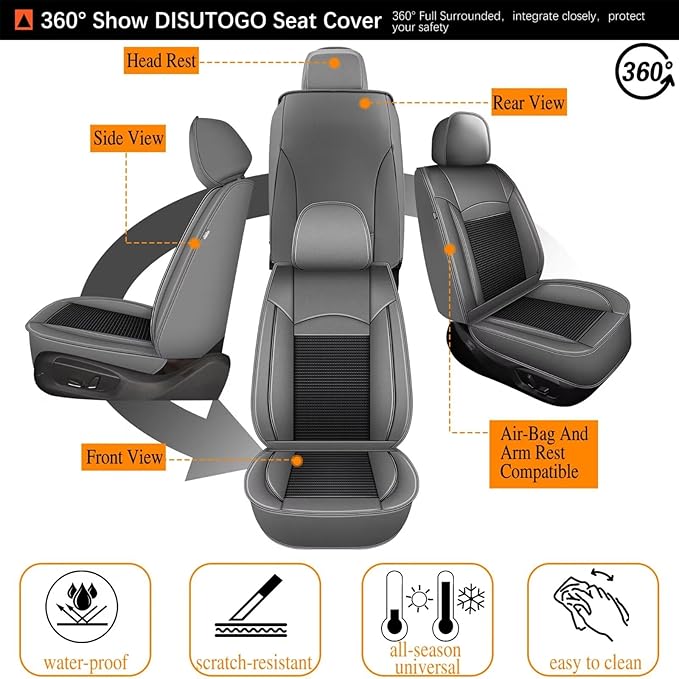 Seat Covers Fit for Nissan Frontier 2009-2023 2024 2025: Leather Car Seat Covers Full Set Ice Silk Breathable Waterproof Seat Cushion Protector (5 Seats; Black & Grey)