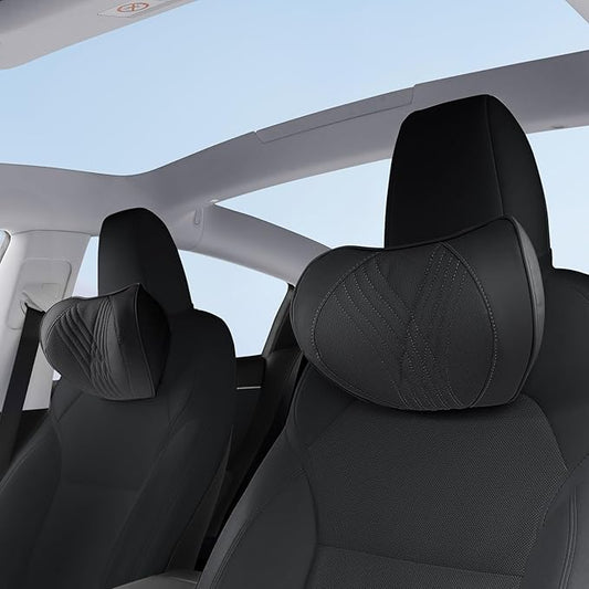 Car Neck Pillow Memory Foam Premium Leather Headrest Neck Support Cushion Universal for Driving Home Office, Black,2PC