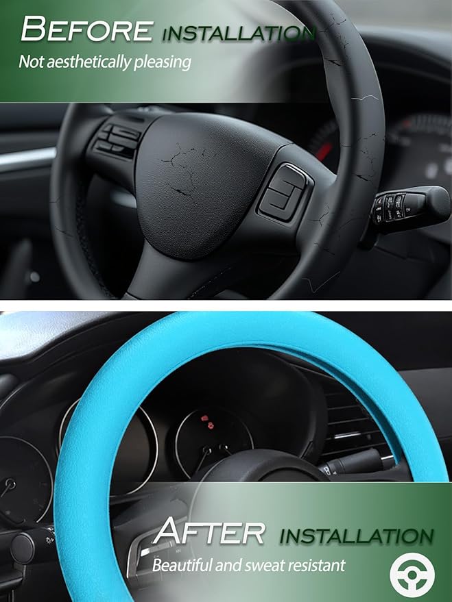 LRITER Car Steering Wheel Cover, Non-Slip Silicone Material, Multiple Color Choices, Universal Auto Parts Steering Wheel Cover, Suitable for Most Cars (Light Blue)