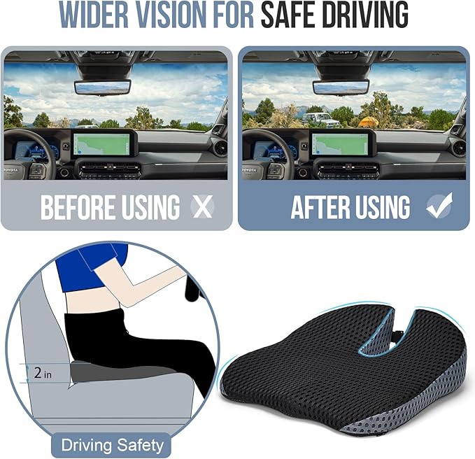 Car Seat Cushion, Memory Foam Car Wedge Seat Cushion for Driving, Height Booster & Posture Support, 4D Mesh Seat Pad with Adjustable Straps - Universal Fit for Car, Truck, Vehicle