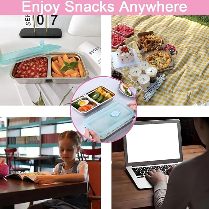 3 Pack Stainless Steel Snack Containers with Lids, Leak Proof Easy Open Snack Box Container for Adults, Reusable Food Storage Containers with 2 Compartment for Travel, Camping, Work, Outdoor