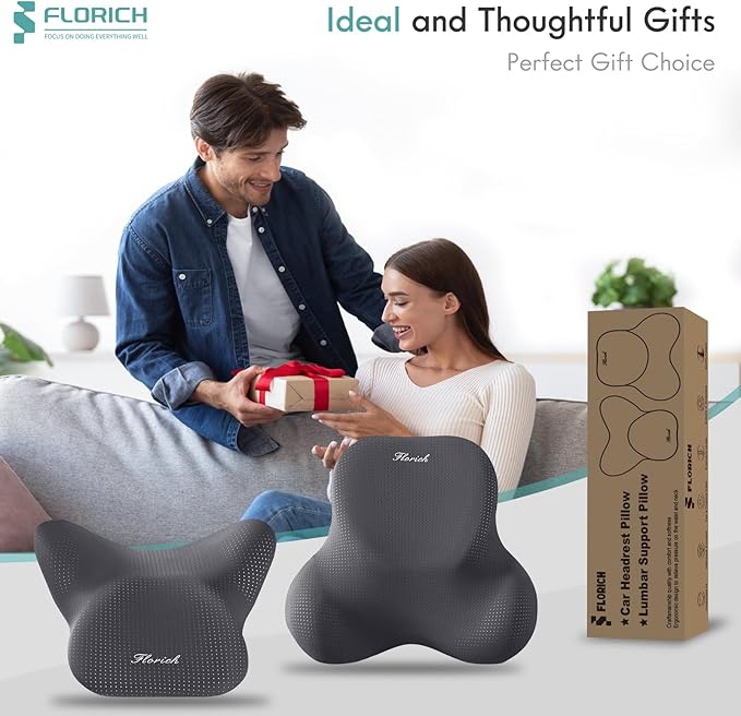 FLORICH Car Lumbar Support Pillow and Neck Headrest Pillow for Office Chair, Ergonomic Memory Foam, Relieves Neck, Back Pain, Pressure-Relieving Back Support for Car, Office Chair & Wheelchair – Gray