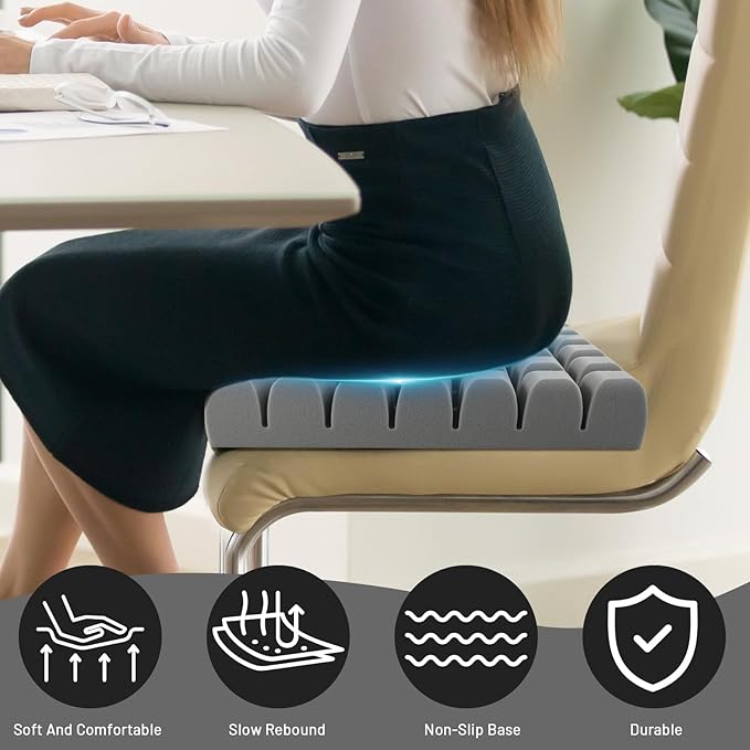 Waffle Seat Cushion Foam Pad – Relieves Back, Sciatica, Tailbone & Hip Pressure for Long Sitting – Ideal for Office Chair, Wheelchair, Recliner, Car Seat – 18x16x3 Inch, Gray