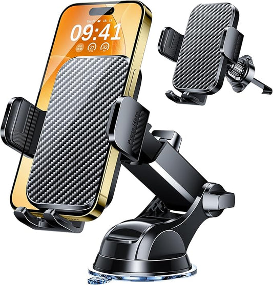 Phone Holders for Your Car 2025 Upgraded Military-Grade Strongest Suction & Stable Clamp Arm Car Phone Holder Mount 360°Adjustable for Dashboard, Windshield, Air Vent for iPhone Samsung, Carbon Fiber