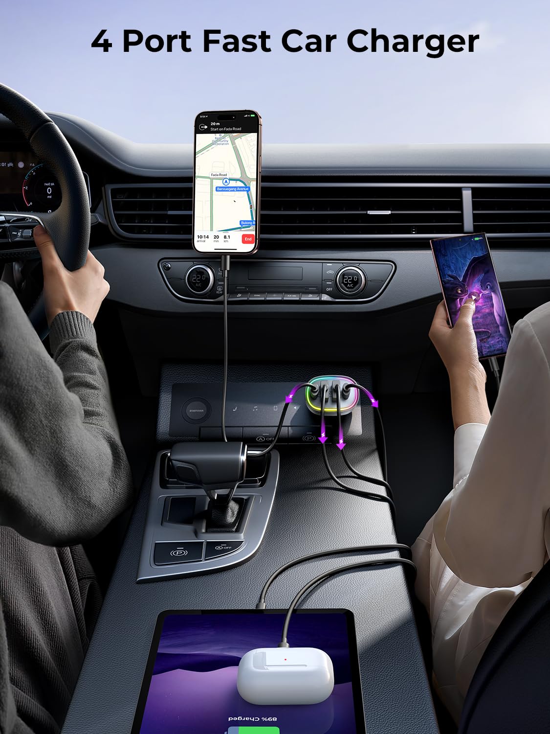 Car Charger USB C 90W 4-Port Car Phone Charger Compatible with iPhone 16/15/14/13/12 Pro Max Plus [A Must for Family Travel] Super Fast Charging Cigarette Lighter Adapter Port