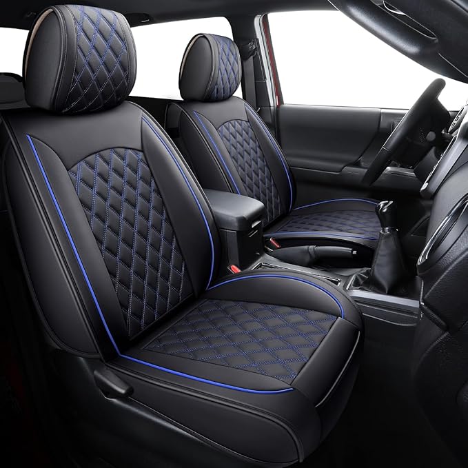 Aierxuan Toyota Tacoma Car Seat Covers Custom Fit 2005-2025 TRD Pro Army Green Nightshade Edition Access Cab Pickup Truck Waterproof Leather Full Seat Cushions(Full Set, Black-Blue)