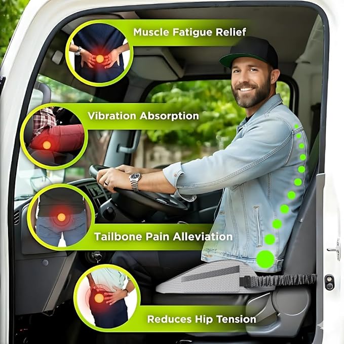 XL Truck Seat Cushion for Truck Driver Seat Cushion - Upgraded Back Support, CertiPUR-US® Certified - Thick Memory Foam, Pain Relief for Hours of Driving, Trucker Approved Big Rig - Gray