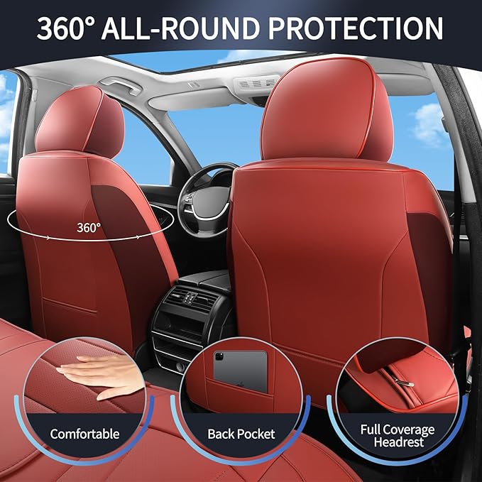 Car Seat Covers Full Set,Red Car Seat Covers,Leather Automotive Seat Covers,Breathable Waterproof Luxury Full Wrapping Edge Seat Covers Fit for Most Cars SUV and Sedans