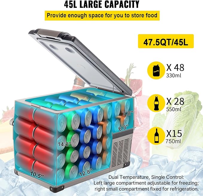 VEVOR 12 Volt Refrigerator, 48 Quart (45L) Fast Cooling Portable Freezer with App Control (-4℉~68℉), Car Fridge with 12/24v DC & 110-240v AC for Travel, Truck, Camping and Home Use, Grey