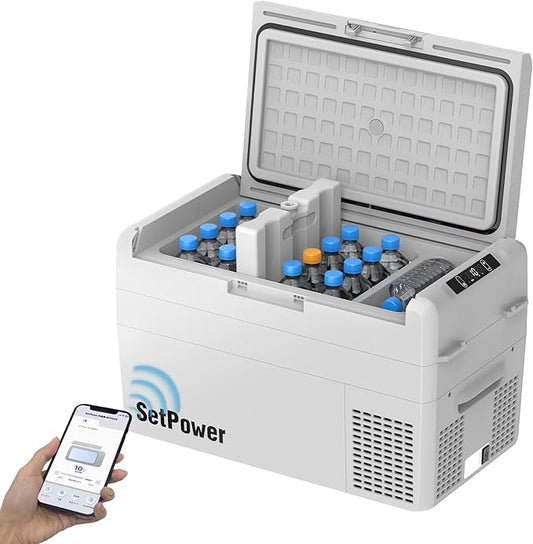 Setpower Car Refrigerator 50 Hours Backup Cooling 27 Quart 12 volt Fridge Portable Car Freezer 12V Coolers for Vehicles Electric Cooler for Car Camping Truck Van RV SUV Road Trip Travel (RF25 Grey)