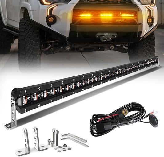 [White & Amber Strobe] 32 inch LED Light Bar, Single Row Slim Bar, Flashing Chase Light with Wiring Harness for Off-Road Truck SUV UTV Car [Straight]