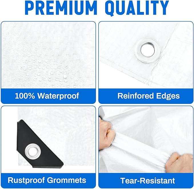2 Pack 10 x 20 ft 5.5 Mil Large Tarps Heavy Duty Waterproof Tarp Multi Purpose Tent Cover for Home Boats Cars Camping Patio Furniture Roof Emergency Rain Protective Cover, White