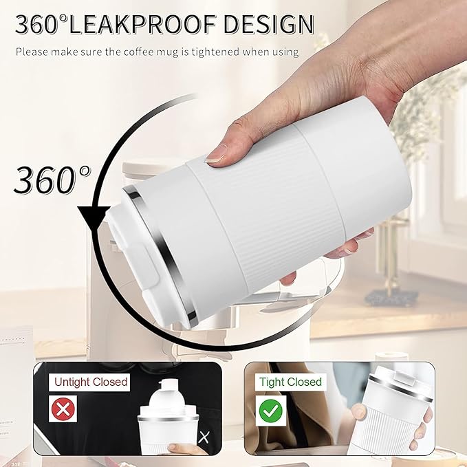 YINBAOGE Insulated Travel Coffee Mug, Spill & Leak Proof, Portable To Go Camping Stainless Steel Coffee Tumbler, Reusable Thermal Coffee Cup with Lid for Hot & Cold Drinks (White, 17 OZ)