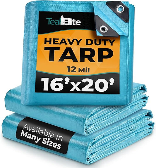 Tarps Heavy Duty Waterproof 16x20-12 mil Thick Camping Tent - Blue Tarp 16x20 UV Resistant, Rip & Tear Proof with Metal Grommets – Multipurpose Use for Camping, Tent, Boat, RV, Car, & Pool Cover