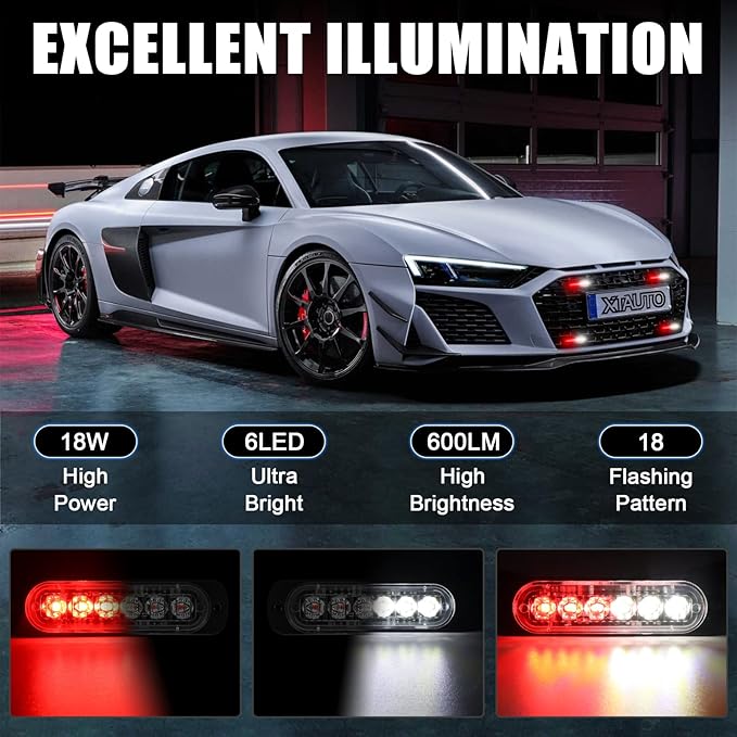10pcs LED Emergency Strobe Light, Red White 6-LED Ultra Slim Surface Mount Flashing Warning Beacon Hazard Construction Caution Grille Light Bar for Truck Car Off Road Vehicles