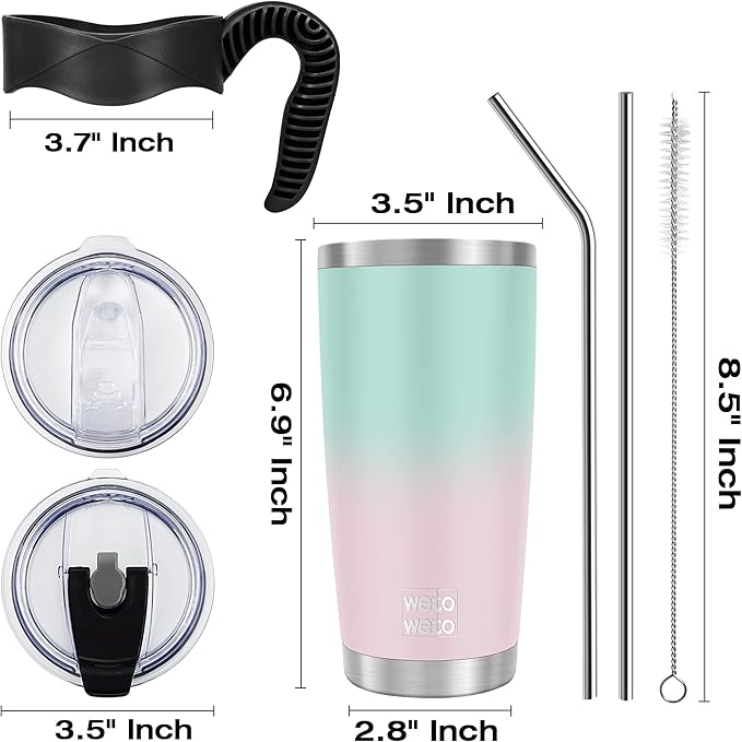 WETOWETO 20oz Insulated Stainless Steel Tumbler, Coffee Tumbler with 2 Lids and 2 Straws, Double Wall Vacuum Leak-proof Travel Coffee Mug, Powder Coated Water Cup (Green-Pink Gradient, 1 Pack)