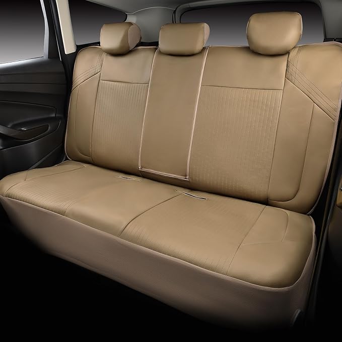 Flying Banner Synthetic Leather car seat Covers Full Set Front and Rear Bench Fashion Easy Installation Cup Holder Free (Solid Beige, Low Bucket - Full Set)