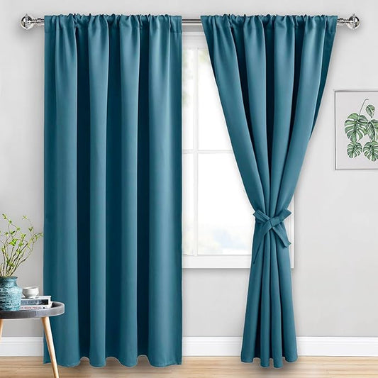 JIUZHEN Blackout Curtains for Bedroom - Thermal Insulated Room Darkening Noise Reducing, 60 x 84 Inch Length Curtains for Living Room, Set of 2 Panels with Tiebacks, Stone Blue