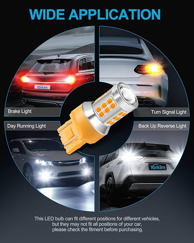 Yorkim 7443 led bulb amber, 7440 led bulb amber 7444na 7440 led with Projector Replacement for automotive Turn Signal Blinker Lights Side Marker Lights, Amber Yellow, pack of 2