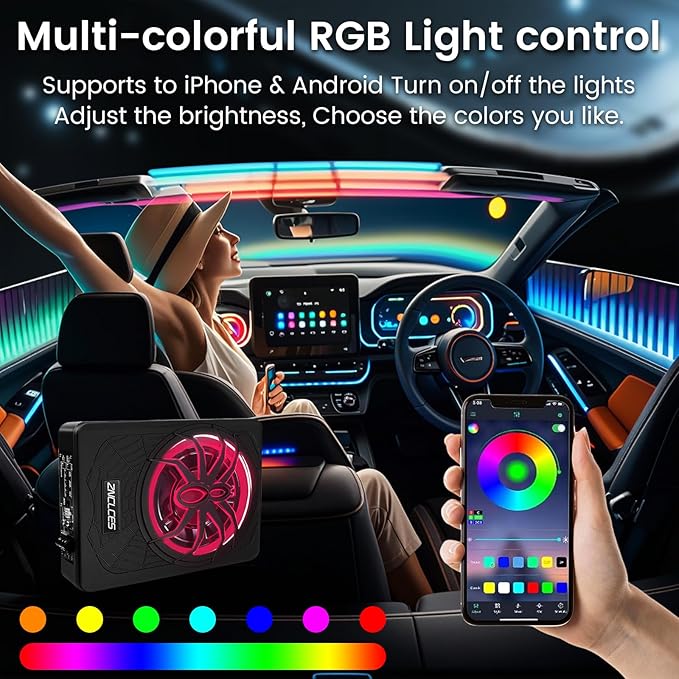 2025 Upgraded 10" 1200W Slim Under Seat Powered Car Subwoofer with Colorful LED Ambient Lights, Car/Truck Audio Sub Built in Amplifier Outstanding Heat Dissipation, Powerful Bass for Passion Driving