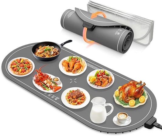 Warming Mat for Food Extra Large,Electric Food Warmers for Parties Buffet,36"x15" Food Warming Trays with Timer,Roll Up Silicone Heating Pad,Portable Kitchen Gadgets for Home Daily Use(Gray)