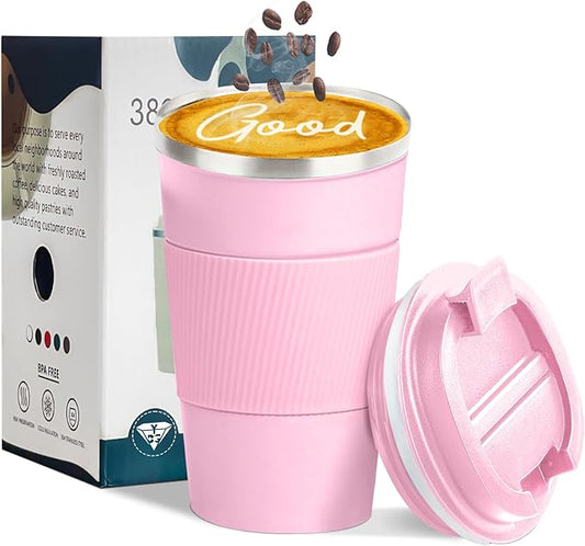 YINBAOGE Insulated Travel Coffee Mug, Spill & Leak Proof, Portable To Go Camping Stainless Steel Coffee Tumbler, Reusable Thermal Coffee Cup with Lid for Hot & Cold Drinks (Pink, 17 OZ)
