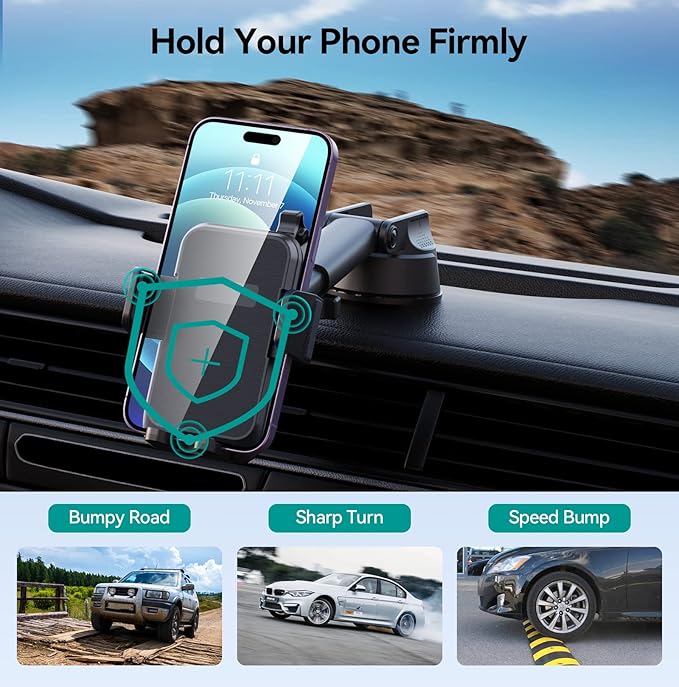 Car Phone Holder Mount, [Military-Grade Suction & Super Sturdy Base] 3 in 1 Universal Phone Mount for Car Dashboard Windshield Air Vent Car Mount for iPhone Android Smartphone GPS Navigator