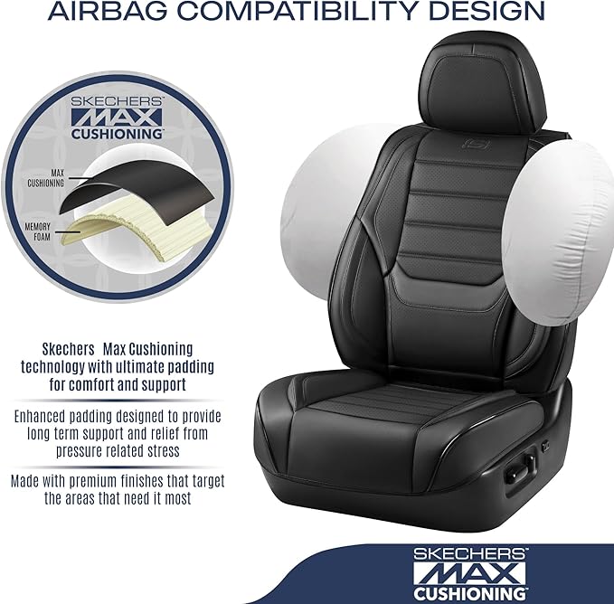 Skechers MAX Cushioning Seat Covers,Memory Foam Leather Car Seat Covers,Waterproof Car Seat Protector Front Seats,Car Seat Cushion Airbag Automotive Universal Fit for Most Cars,Vans,Trucks,SUV,Black