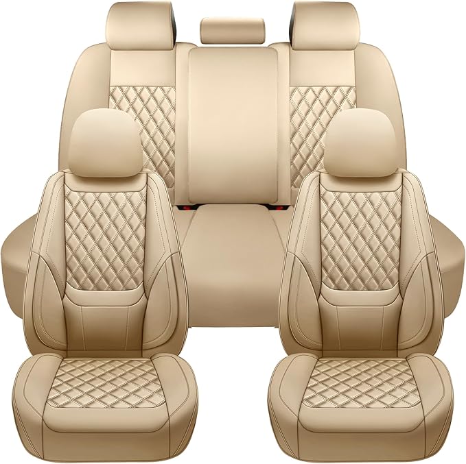 Car Seat Covers Full Set,Universal Fit for Cars,SUVs,Trucks,and Sedans with 5 Seats,Faux Leather Car Seat Cushion Compatible with Airbags,Waterproof Car Seat Protector,Beige