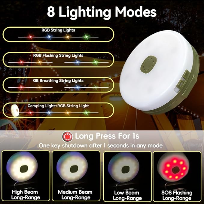33FT Camping String Lights, Rechargeable String Lights with 8 Modes, Waterproof Outdoor Lights with Delay Closure, Retractable Design & Hooks for Outdoor Patio Awning Garden Party Essentials