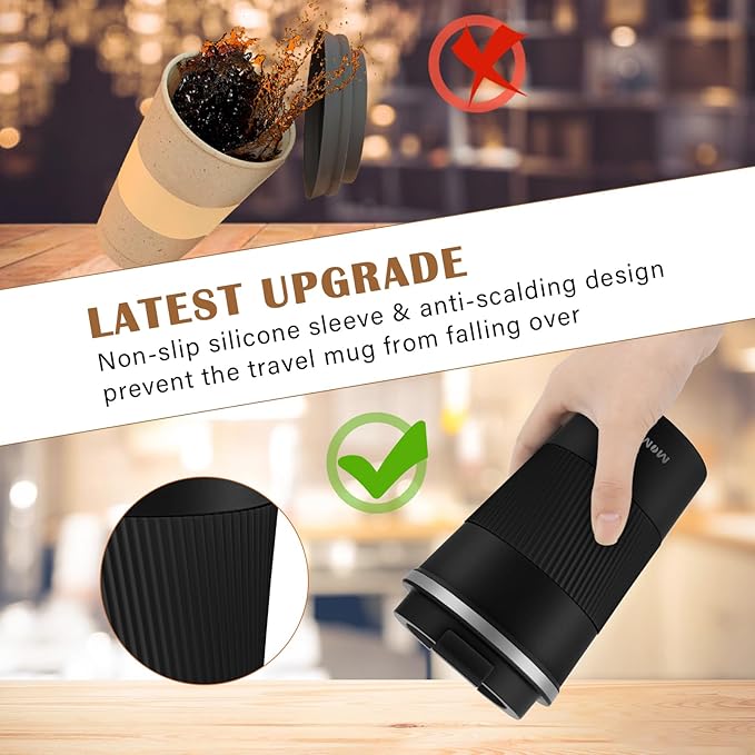 MOMSIV 12oz Travel Mug, Insulated Coffee Cup with Leakproof Lid, Vacuum Stainless Steel Double Walled Reusable Tumbler for Hot and Cold Water Coffee and Tea In Travel and Car (Black - 380ml)