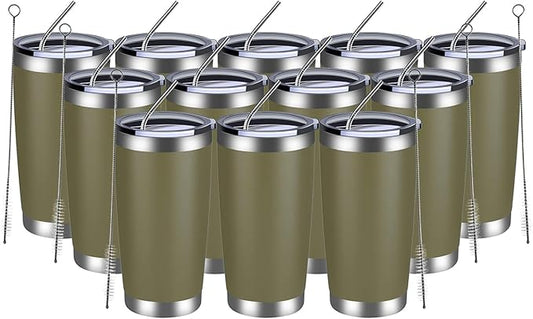 MEWAY 20oz Tumbler 12 Pack Double Wall Vacuum Insulated Travel Mug Bulk, Stainless Steel Tumblers with Lid and Straw, Durable Powder Coated Coffee Cups for Cold & Hot Drinks (Army Green, 12)
