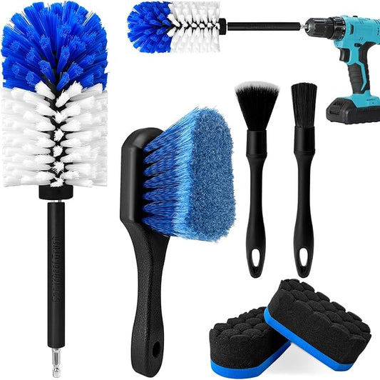 Car Wheel Brush Kit, Soft Drill Wheel Cleaner Brush, Tire Brush, Detailing Brush, and Detailing Pads, No Scratches Car Wheel Cleaning Kit for Wheels, Tires, Rims, Engines, Exhaust(Blue+White, 6 Pack)
